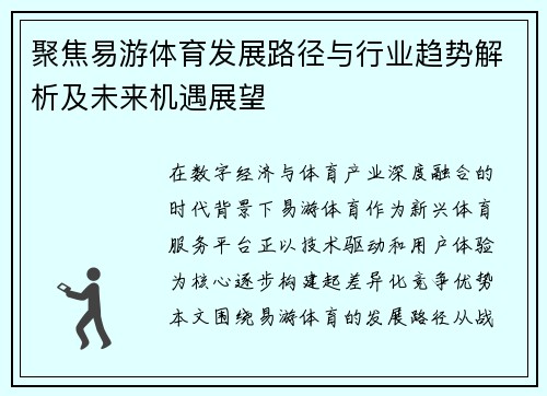 聚焦易游体育发展路径与行业趋势解析及未来机遇展望