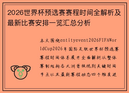 2026世界杯预选赛赛程时间全解析及最新比赛安排一览汇总分析 2026世界杯预选赛赛程时间全解析及最新比赛安排一览汇总分析