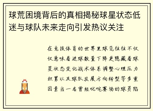 球荒困境背后的真相揭秘球星状态低迷与球队未来走向引发热议关注